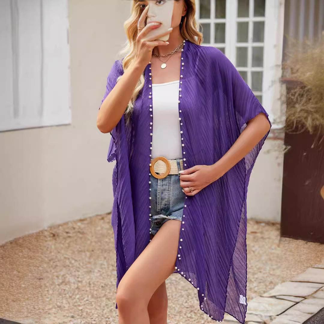Cross-border new solid color pearl buckle row blouse Europe and the United States travel split shawl thin Joker fashion wholesale 1