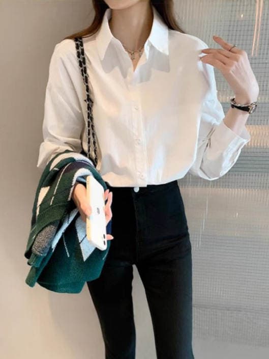 Uniform Shirt Basic Long-Sleeved White Shirt for Women New Versatile Basic Work Clothes with Retro Shirt for Women 4