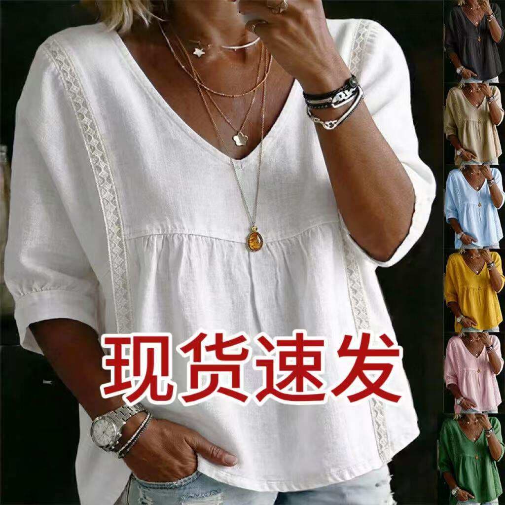 2026 New Foreign Trade Cross-Border Women's Lace V-Neck Pullover Solid Color Casual Three-Quarter Sleeve Blouse Shirt 1