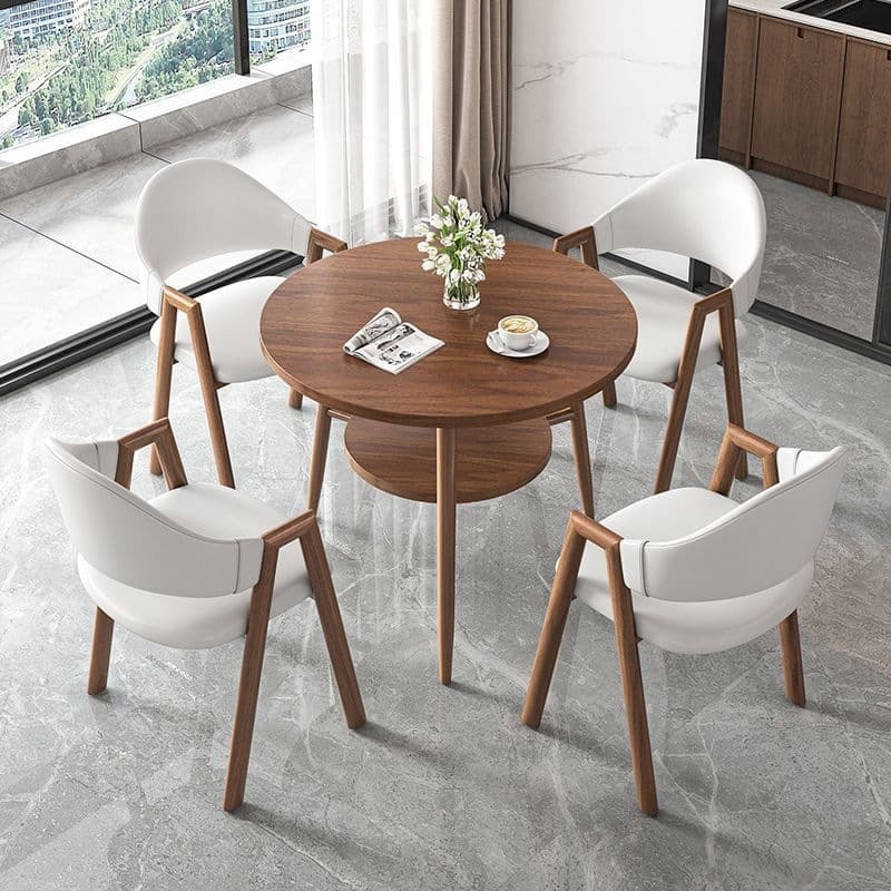 Round table + 4 white leather chairs - walnut legs