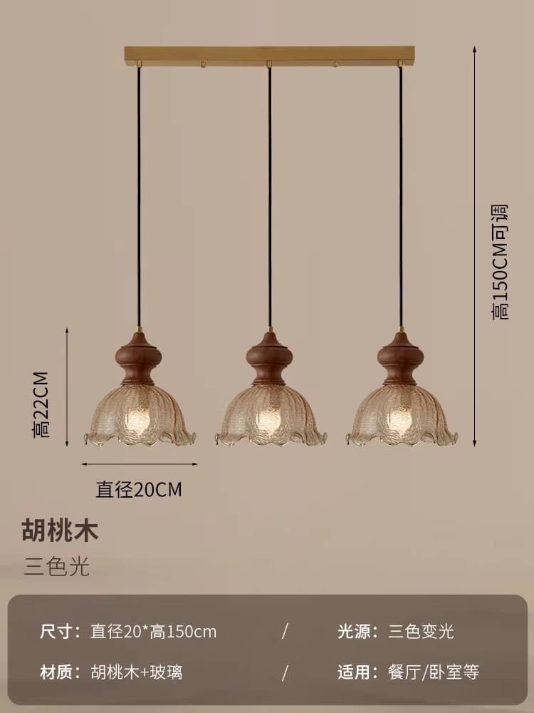 Three-head long plate ice crack - walnut color + copper color - three-color light - chandelier