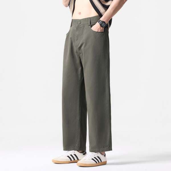 Solid color simple trendy brand daily commute pure cotton cropped pants men's trendy fashion loose wide-leg straight casual pants