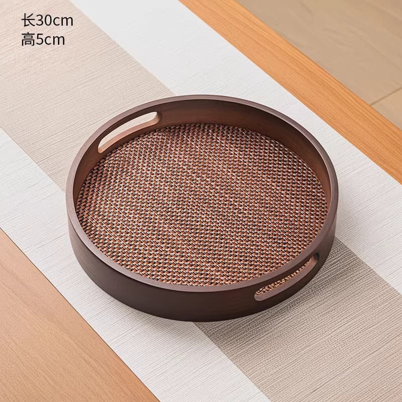 Round (30x30x5cm) hollow brown handle tray + imitation bamboo mat