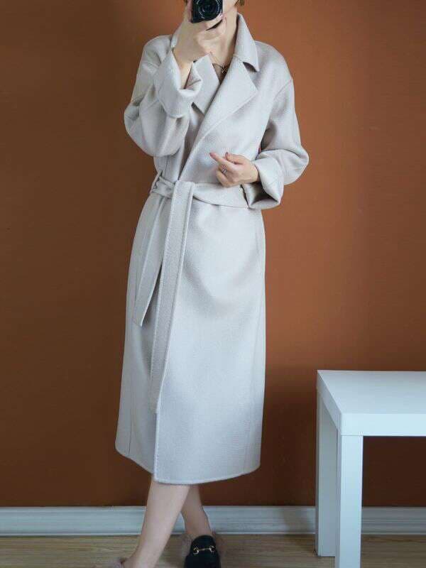 Double-sided over-the-knee cashmere overcoat women's autumn and winter water ripple mid-length tight waist profile 100% wool woolen overcoat 3
