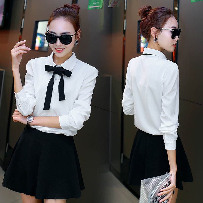 2026 New Style Professional Korean-Style Student Shirt for Women, Long-Sleeve Loose Chiffon Shirt with Bow, Custom Wholesale 1