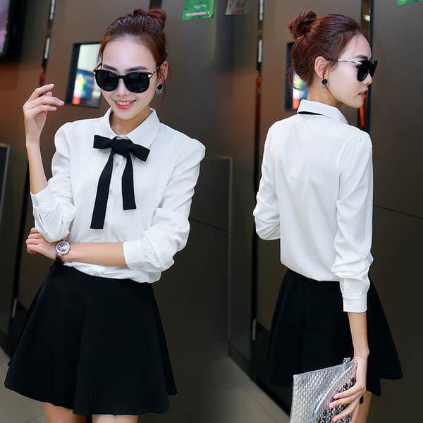 2026 New Style Professional Korean-Style Student Shirt for Women, Long-Sleeve Loose Chiffon Shirt with Bow, Custom Wholesale
