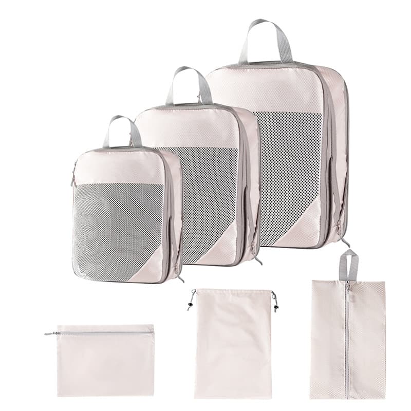 Three-piece set with mesh beige + drawstring pocket + flat pocket + shoe bag