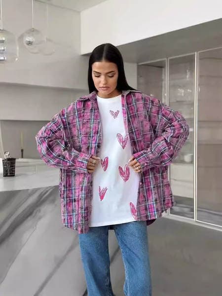 Europe and the United States personality all-match cotton plaid shirt 2024 new cross-border long sleeve loose fashion women's temperament commuting