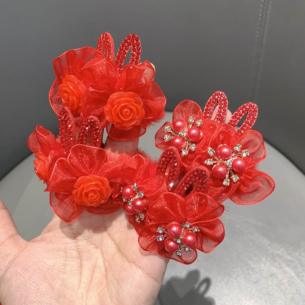 Children's Red Rabbit Ear Plush Hair Tie with Rose Pearl Hair Flower for Girls and Babies, New Year Greeting Hairband, New Year Hair Accessory 3