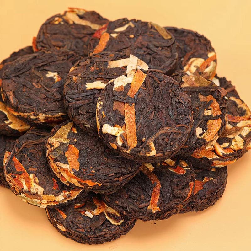 Yunnan Pu-erh çayı, yetişmiş, qədim ağacdan, mandarin qabığı ilə, kiçik preslənmiş, hədiyyə dəsti 2