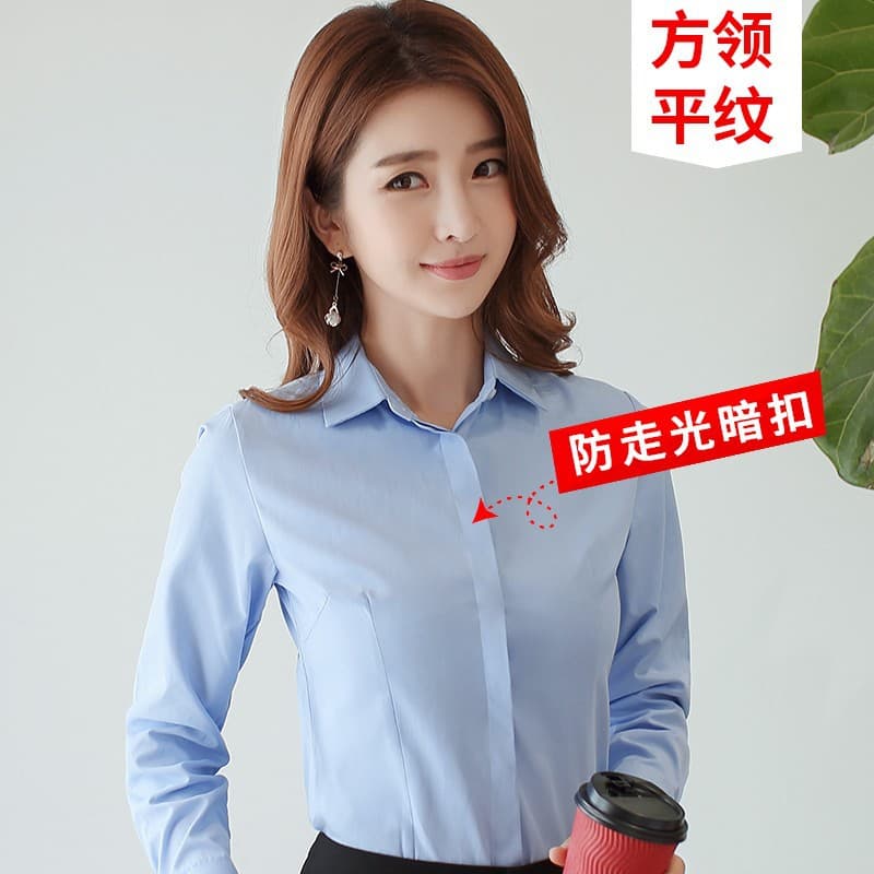 [square collar hidden buckle] blue plain long sleeve