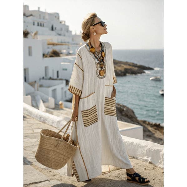 Cross-border Amazon European and American 3D digital print V-neck three-quarter sleeve long pocketed kaftan dress