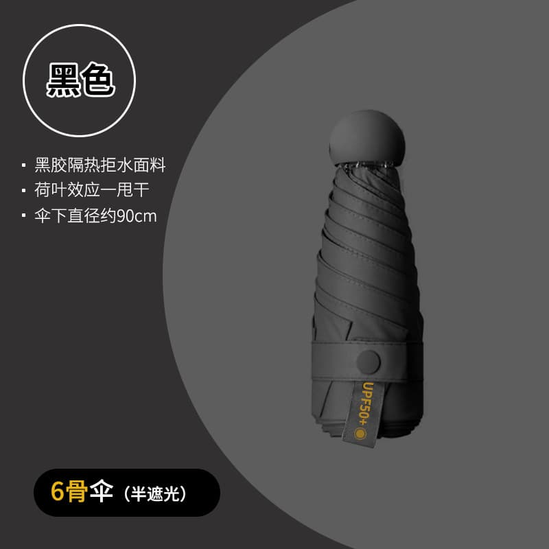 Black - 6-rib semi-shade umbrella (metal buckle or velcro closure - random selection)