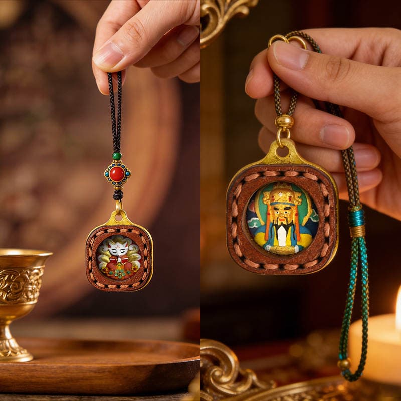 Hand-Painted Small Thangka Zaki Lam Manjushri Green Tara Pendant, Trendy Chinese-Style Portable Accessory, Leather Case Small Bag Keychain 3
