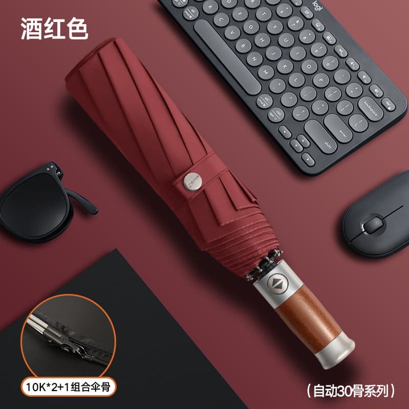 {burgundy full blackout-[automatic business wooden handle 30 ribs] thickened vinyl}