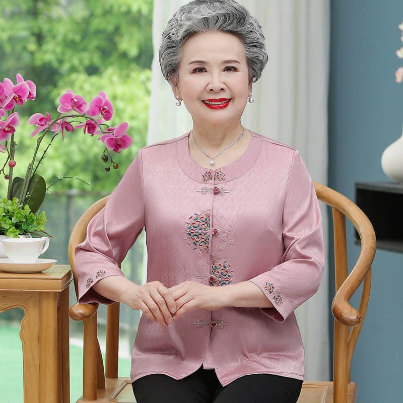 Middle-Aged and Elderly Women's Shirts, Grandma's Wedding Banquet Summer Clothes, Women's Suits, 70 and 80-Year-Old Mothers' Summer Short-Sleeved Tang Suit Tops 2