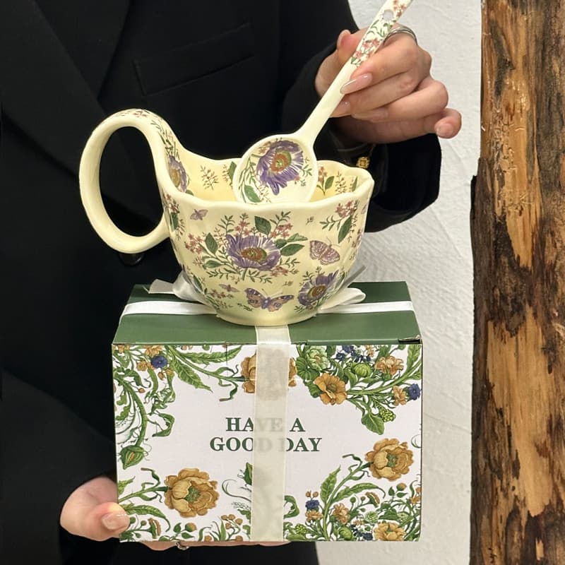 Curved handle cup - gesang flower + flower spoon + portable gift box