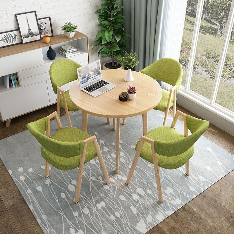 Light wood grain single table + green cloth chair