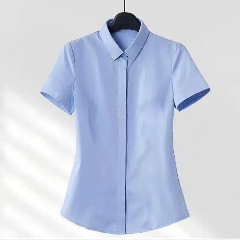 Sky blue square collar short sleeves with hidden buttons