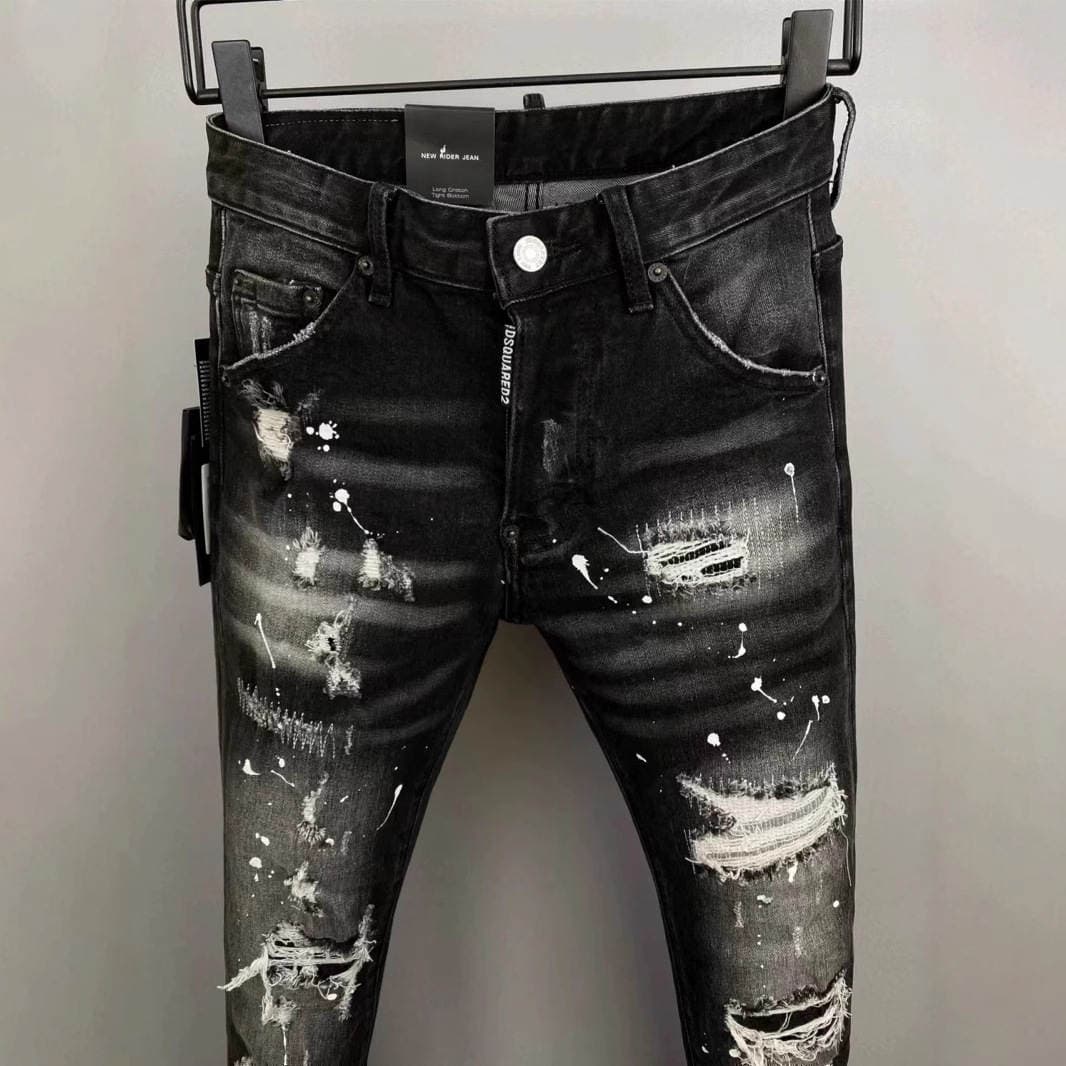 2026 Summer New Style D2 Trendy Men's Washed Distressed Patchwork Paint Slim-Fit Skinny Black Jeans for Men 3