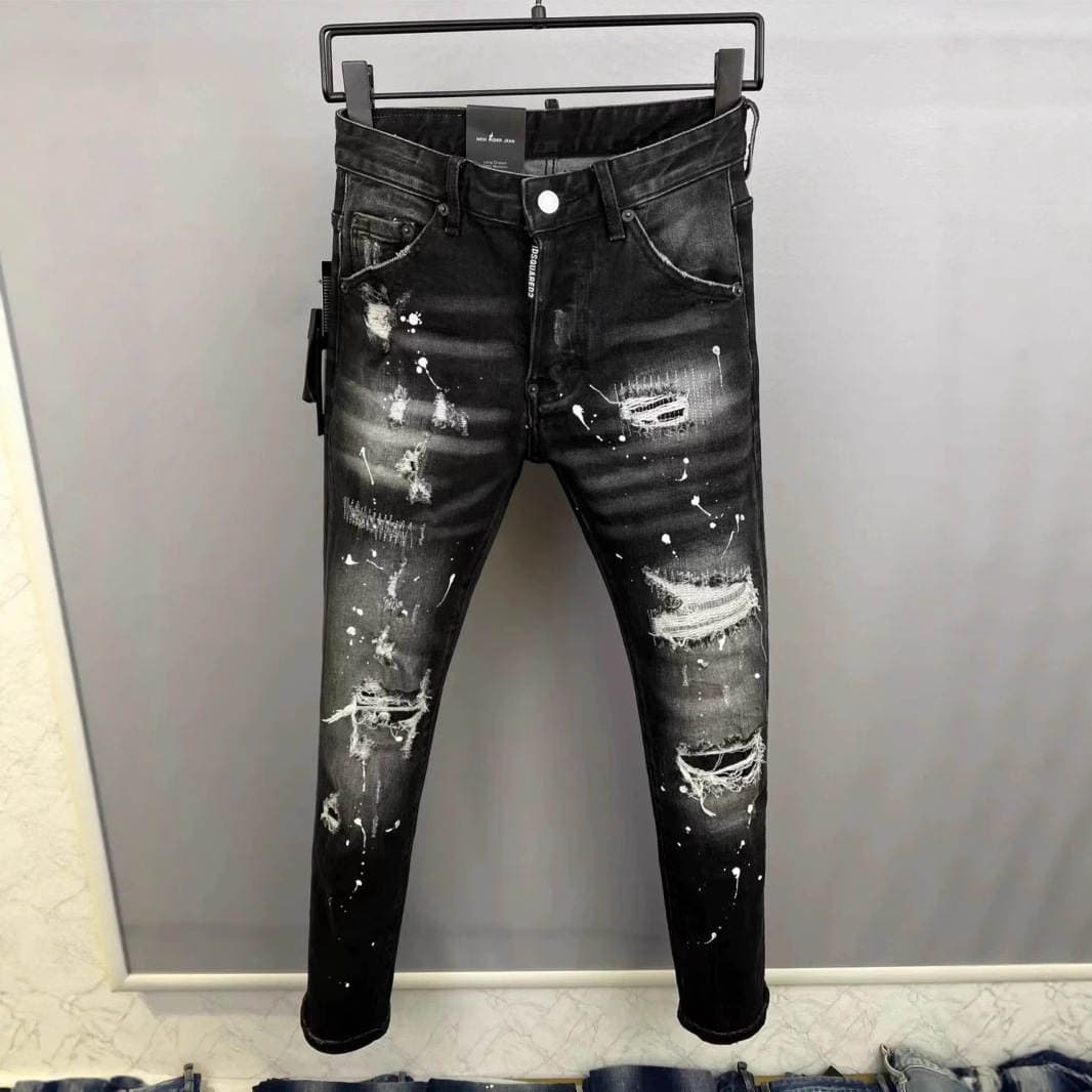 2026 Summer New Style D2 Trendy Men's Washed Distressed Patchwork Paint Slim-Fit Skinny Black Jeans for Men 1