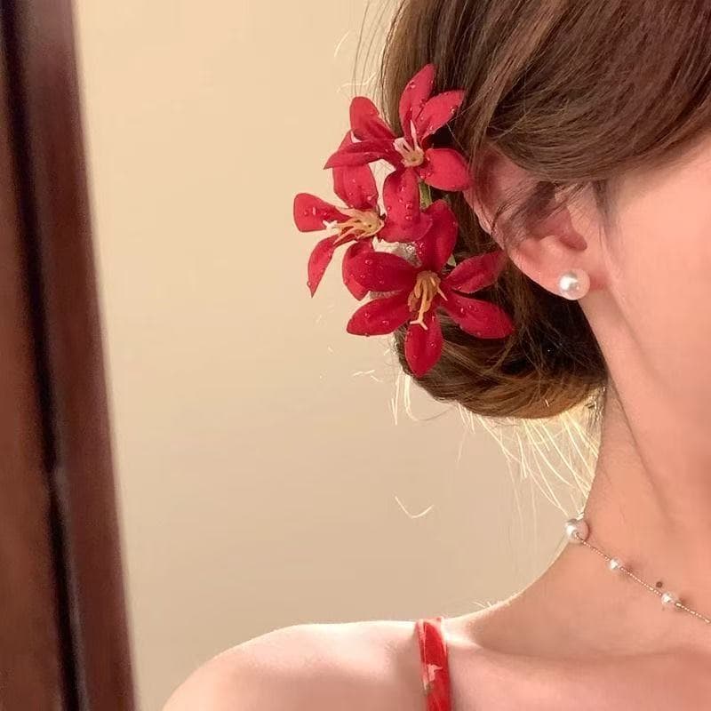 7315 single dewdrop flower hairpin - red