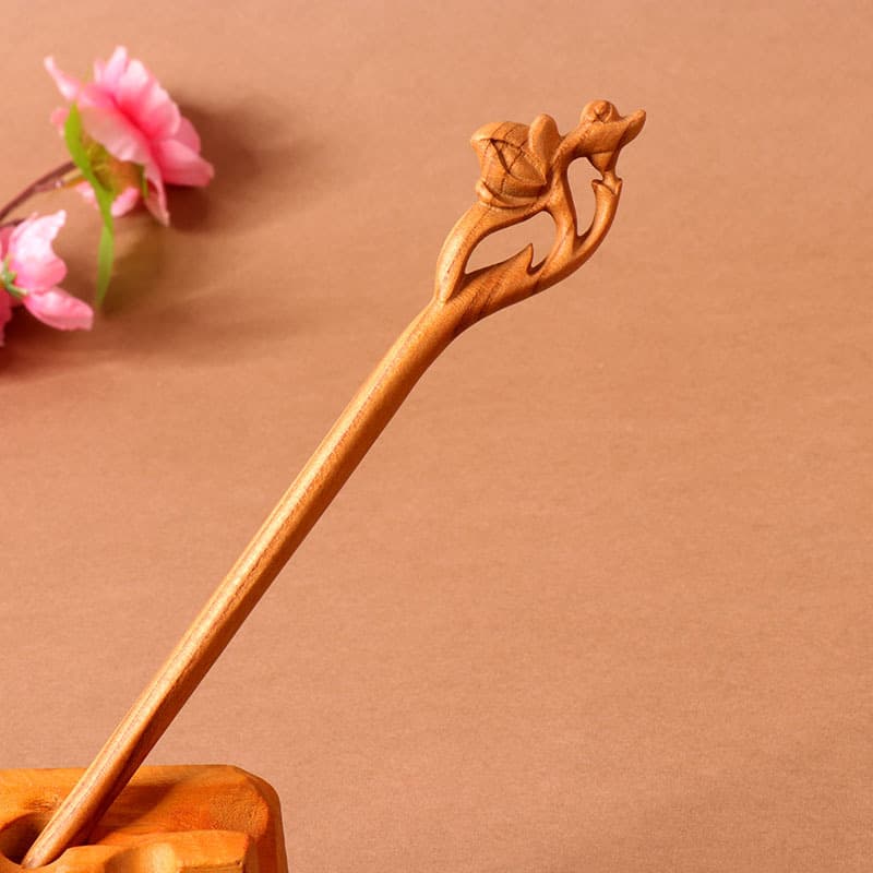 Double-sided carved peach wood hairpin-peach blossom