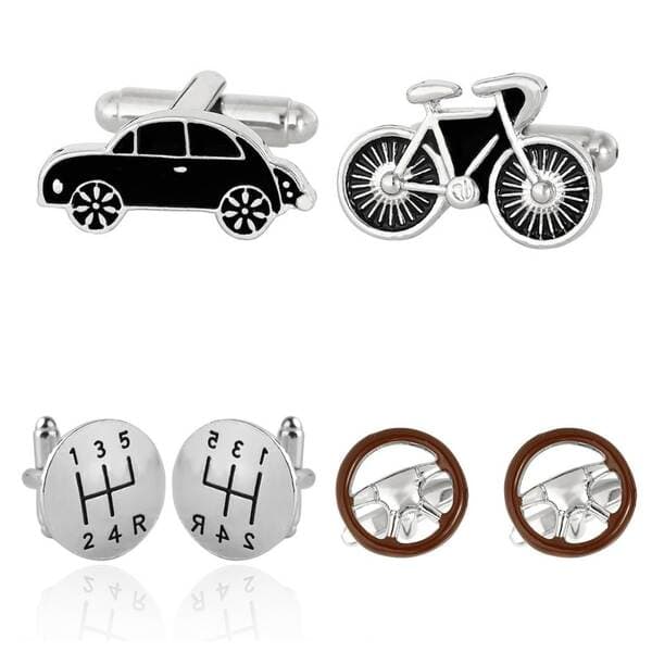 Creative Car Gear Shift Cufflinks for Men, Metal French Shirt Cuff Pins, Steering Wheel and Bicycle-Shaped Clothing Accessories