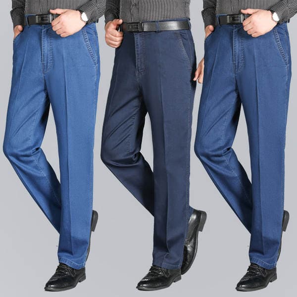 Spring and Summer Thin Jeans Men's Straight Loose Middle-aged and Elderly Men's Pants Deep-range Casual Washed High Elastic High Waist Men's Pants