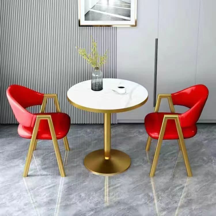 Imitation white marble table top + red leather chair