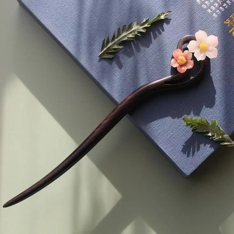 D32 two cherry blossoms [natural ebony wood hairpin]]