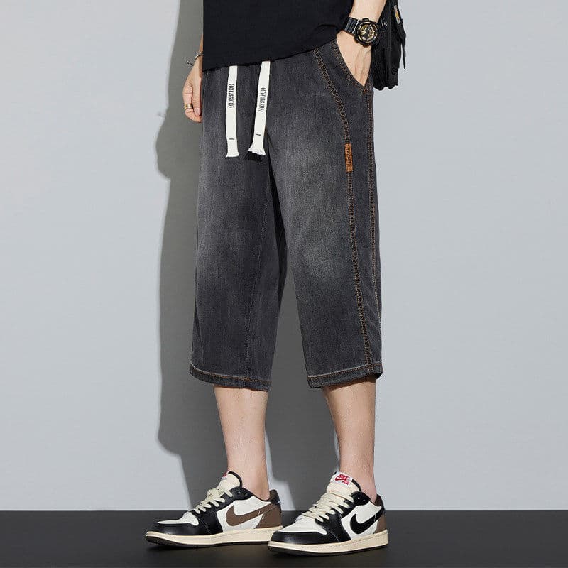 7003 black gray. tencel elastic waist drawstring - cropped pants