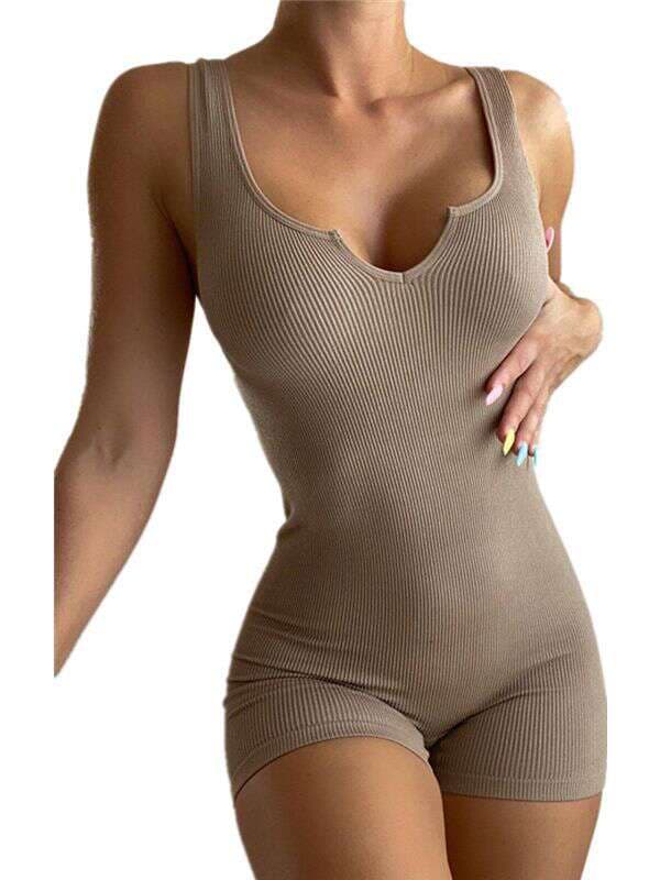 2023 European and American cross-border Amazon spring and summer women's solid color casual knitted rib V-neck vest slim jumpsuit 1