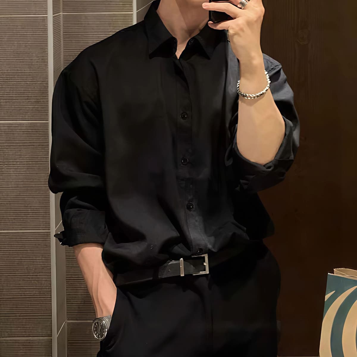 [light luxury casual shirt] men's long-sleeve dress shirt - premium black l (recommended 55-65kg) 20827115