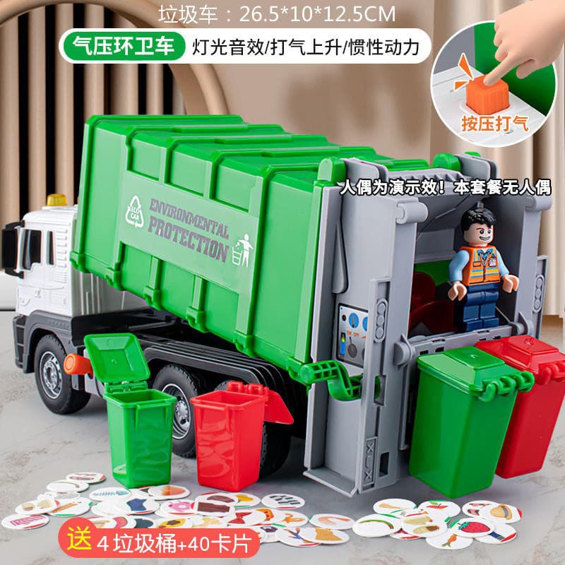 [air pressure model] large garbage truck green + 4 trash cans + 40 cards