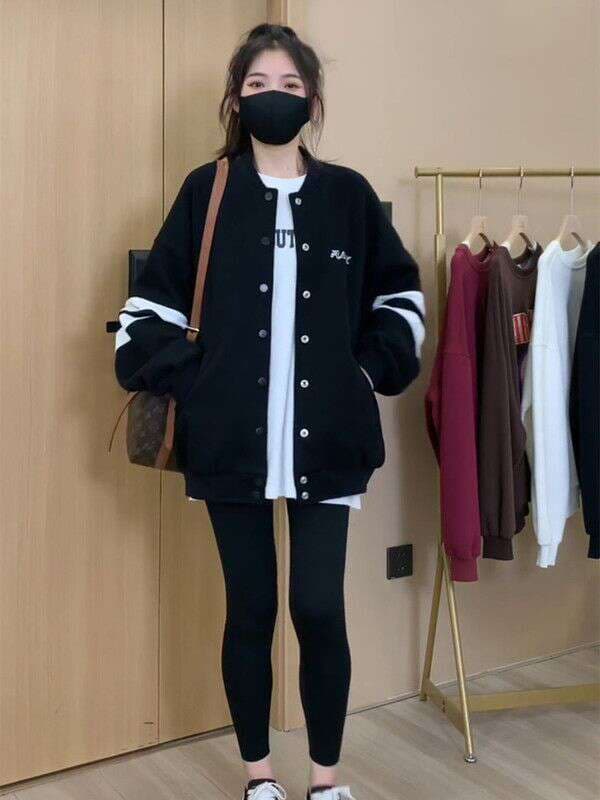 Plus size women's clothing autumn and winter New Style fat mm200 kg belly covering slimming top loose lazy style baseball uniform jacket 1