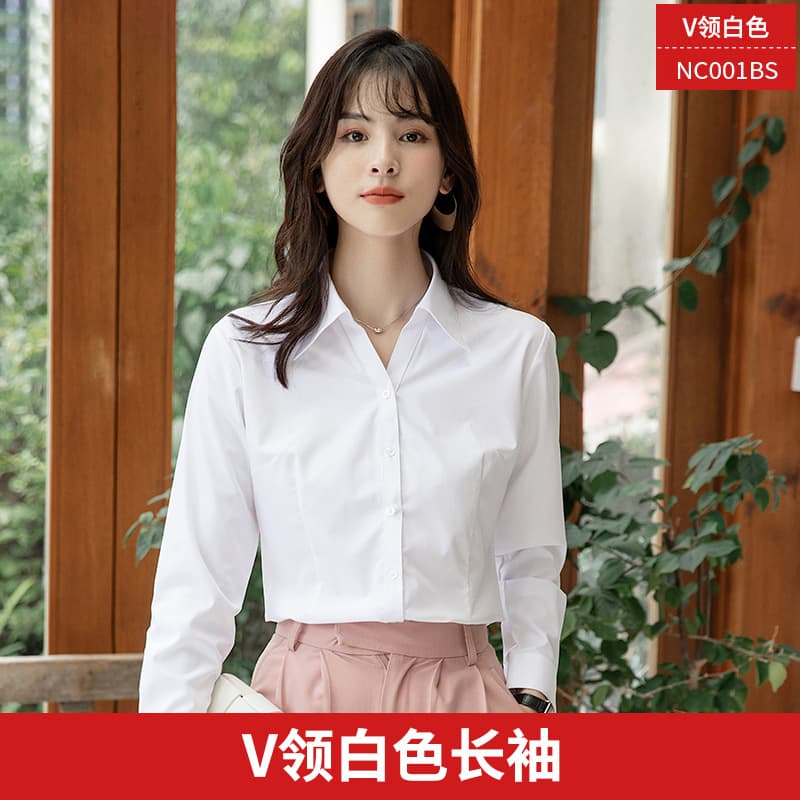 [Long sleeves] V-neck white twill