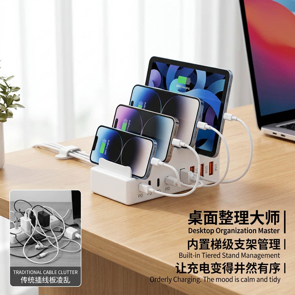 Çoxfunksiyalı telefon stendi dok stansiyası (4 USB portu, PD sürətli şarj, naqilli şarj) 2