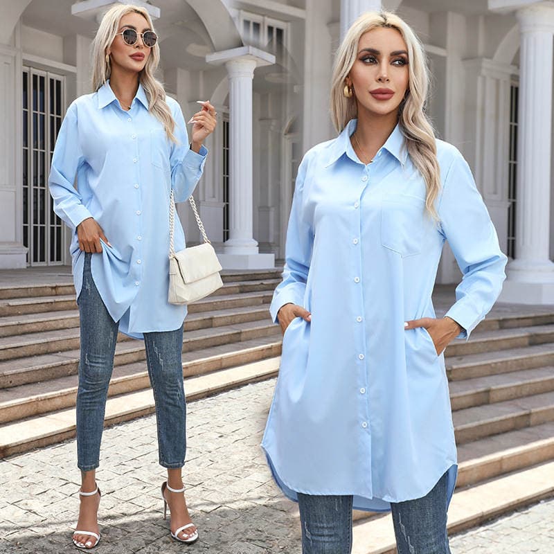 2026 Cross-Border European and American Foreign Trade Women's Clothing Autumn New Style Amazon Long Solid Color Casual Elegant Long-Sleeved Shirt for Women 2