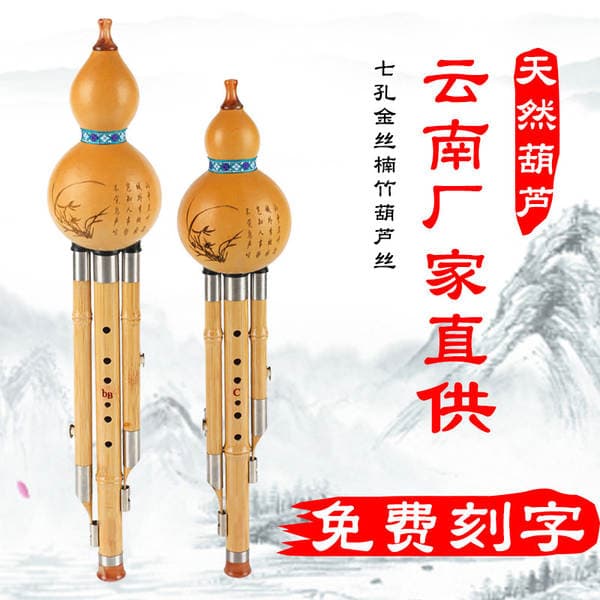 Yunnan Golden Silk Bamboo Gourd Flute Instrument for Beginners, Adults and Kidsren, C Key down B Tone Playing Ethnic Instrument