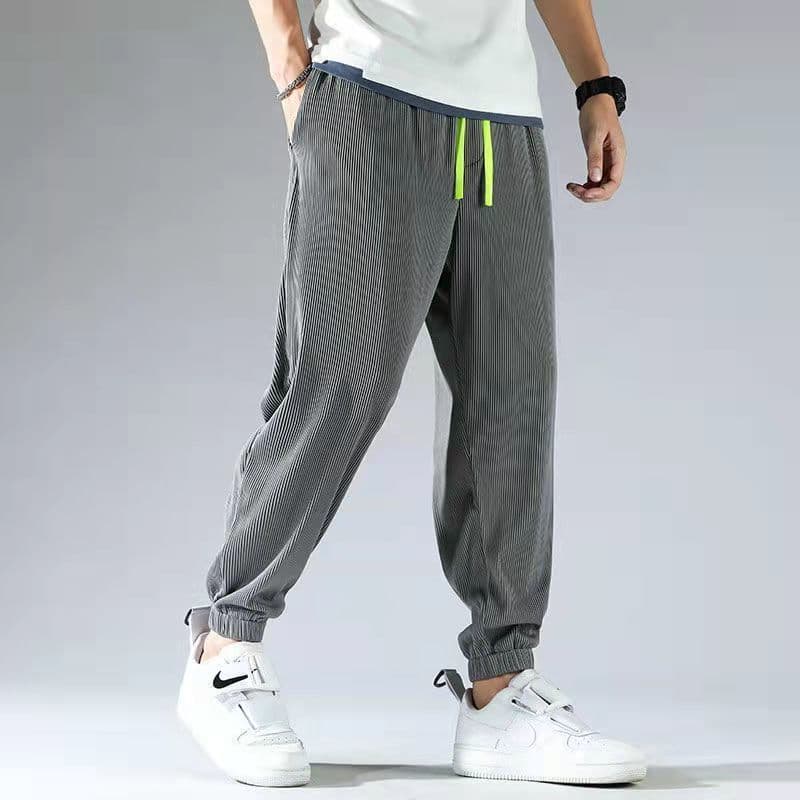 Striped ankle-tied ice silk pants dark gray