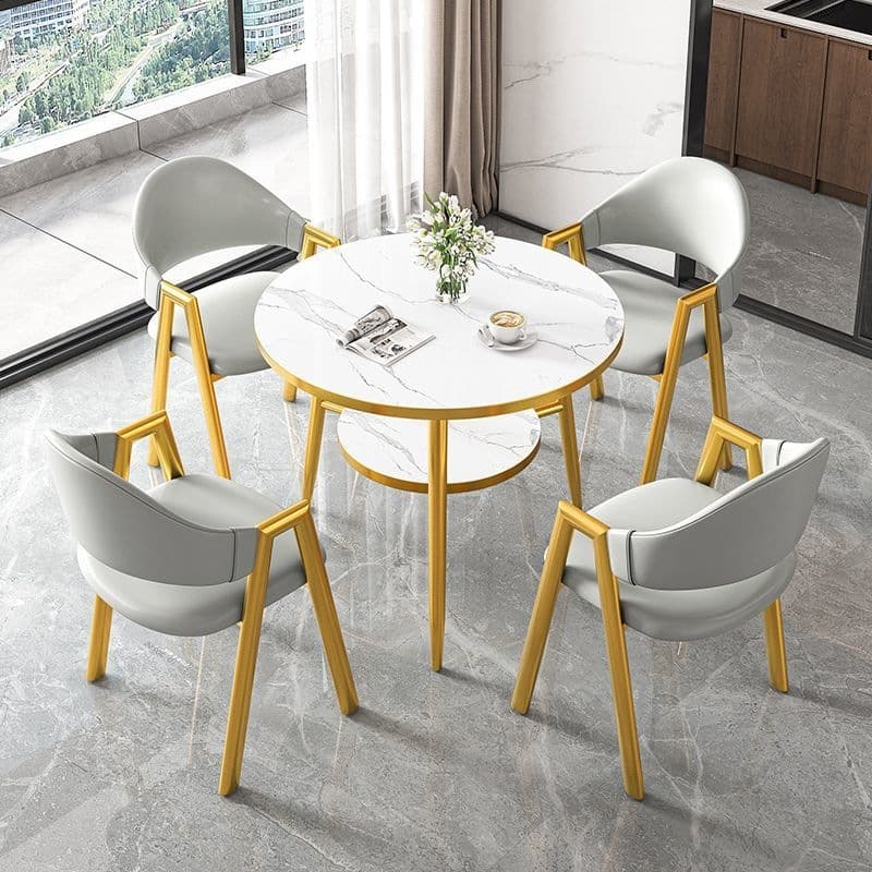 Round table + 4 light gray leather chairs - gold legs