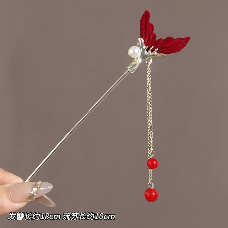 Red flocked fishtail tassel hairpin