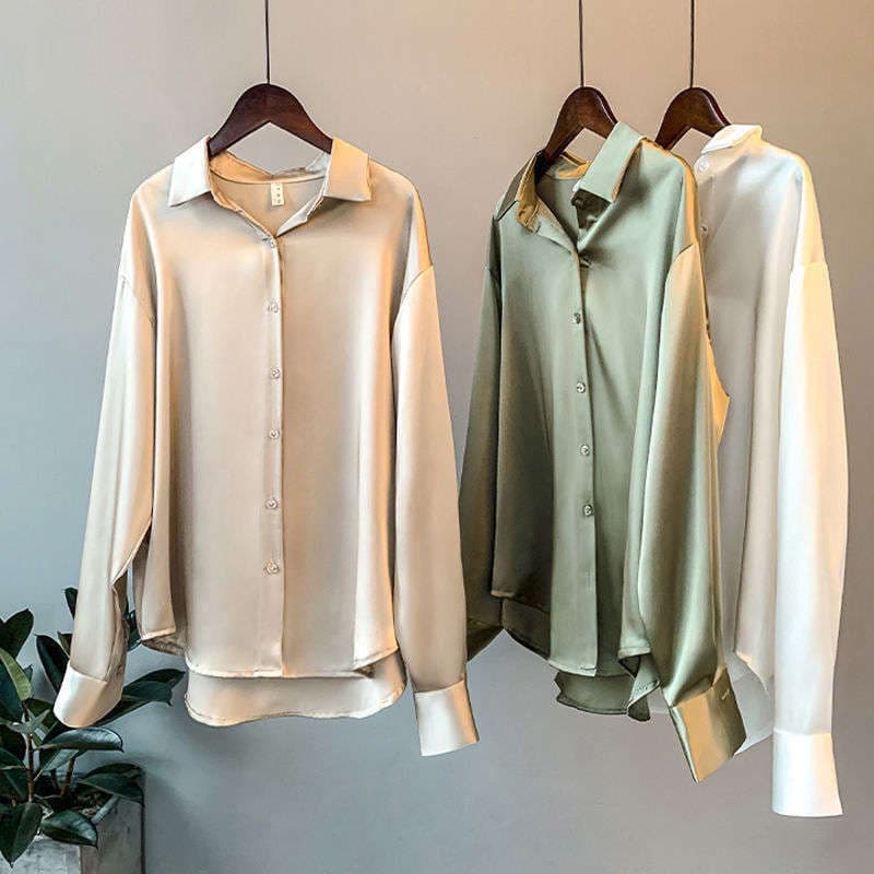 Long-Sleeved Satin Shirt Women's Design Niche 2025 Spring New Versatile Draped Retro Hong Kong Style Shirt Top 2