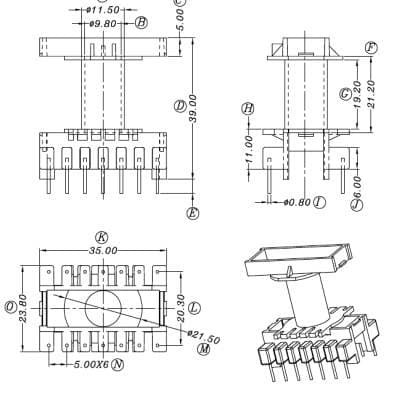 ETD29/EC29 maqnit nüvəli polad sıxac, şaquli yüksək tezlikli transformator üçün (7+7 pin, 20.3mm məsafə) 2