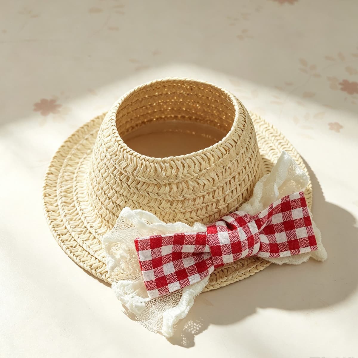 Flat brim 11cm red plaid bow straw hat