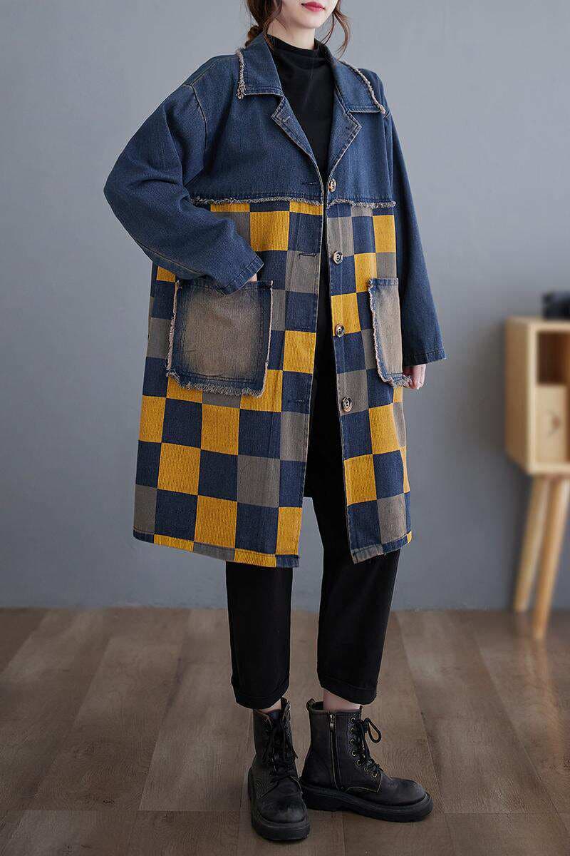 Qadınlar üçün böyük ölçülü vintage tikişli etnik stil orta uzunluqlu cins küləkçəkən palto 4