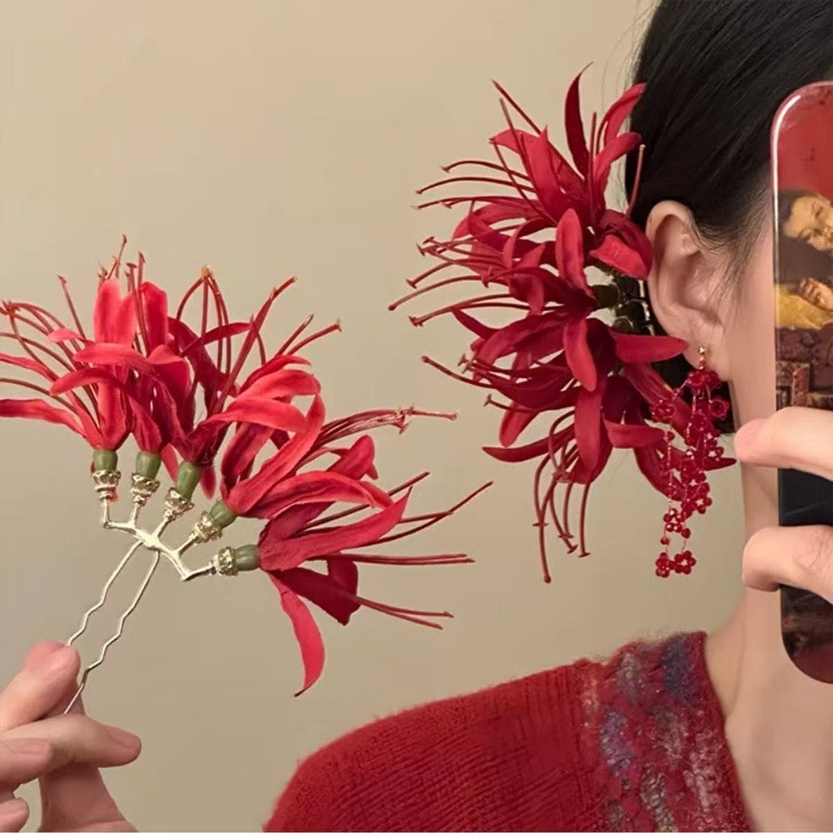 7372 five-headed u-shaped hairpin with flowers on the other side - bright red