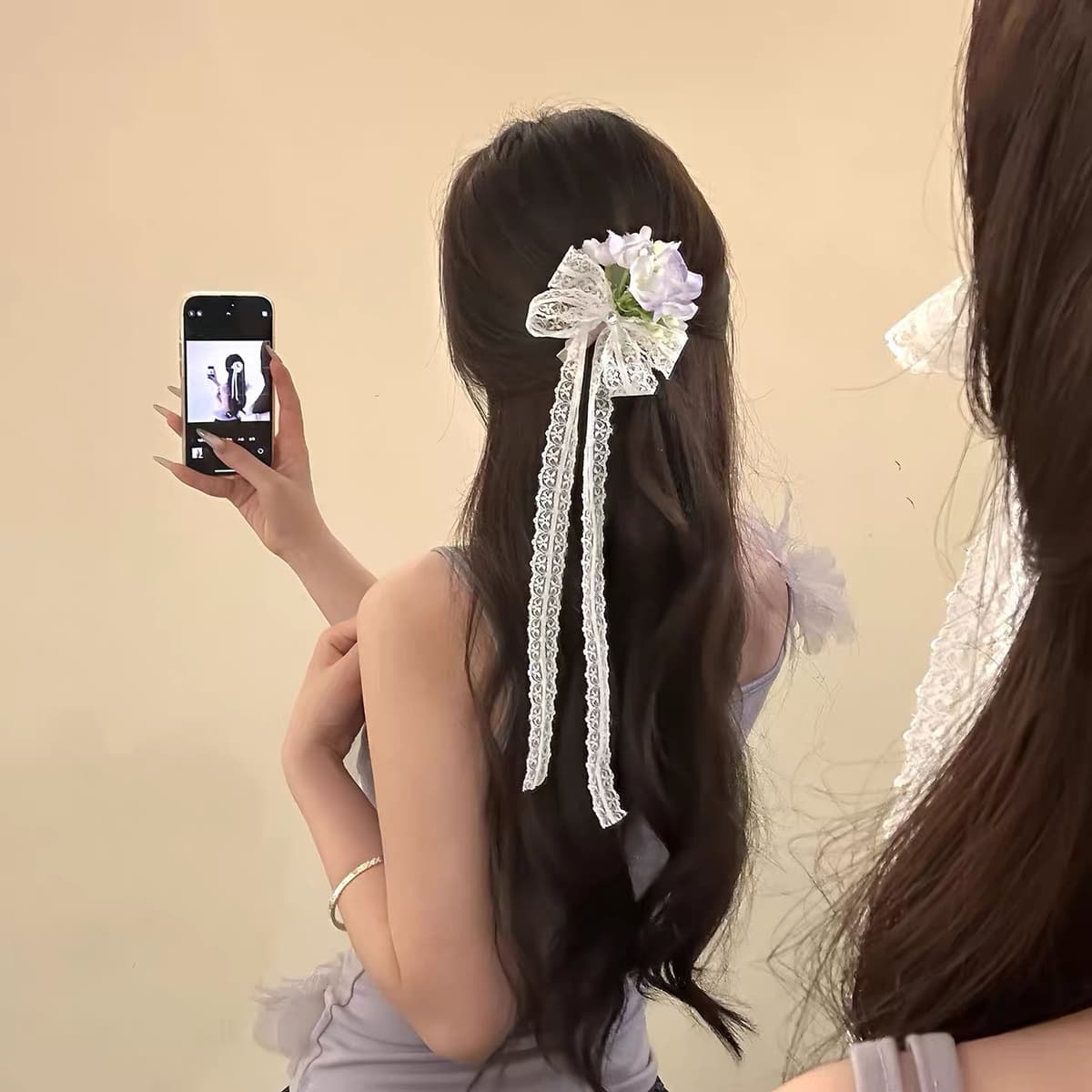 Purple flower ribbon hairpin