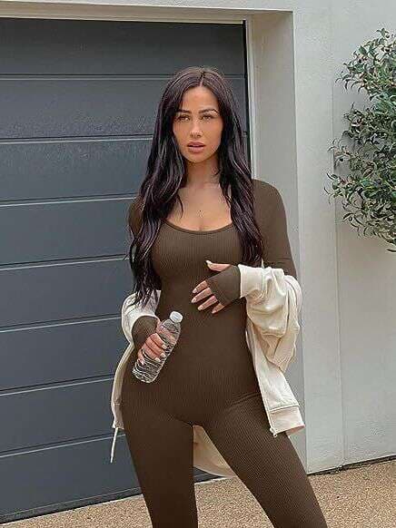 European and American women's yoga jumpsuit one-piece round neck ribbed workout romper long sleeve trousers sports jumpsuit 4
